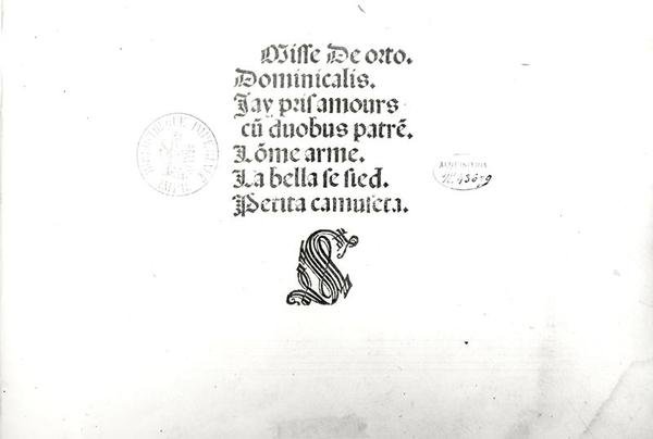 Ottaviano Petruccin (1466-1539) painama nimisivu Venetsiassa esitetystä julkisesta messusta 1505 tekijältä Marbriano de Orto