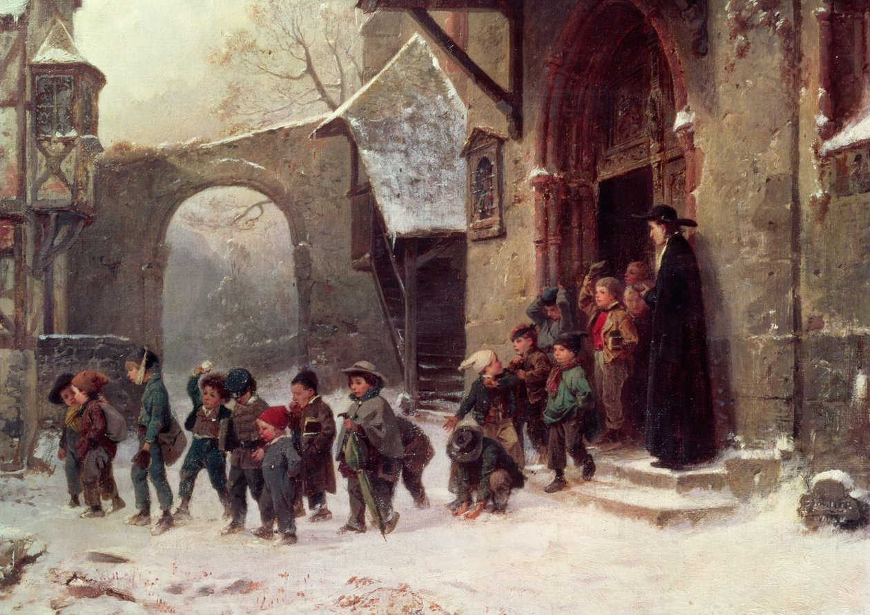 Lumikohtaus: Lapset lähtevät koulusta, n. 1853 tekijältä Marc Louis Benjamin Vautier