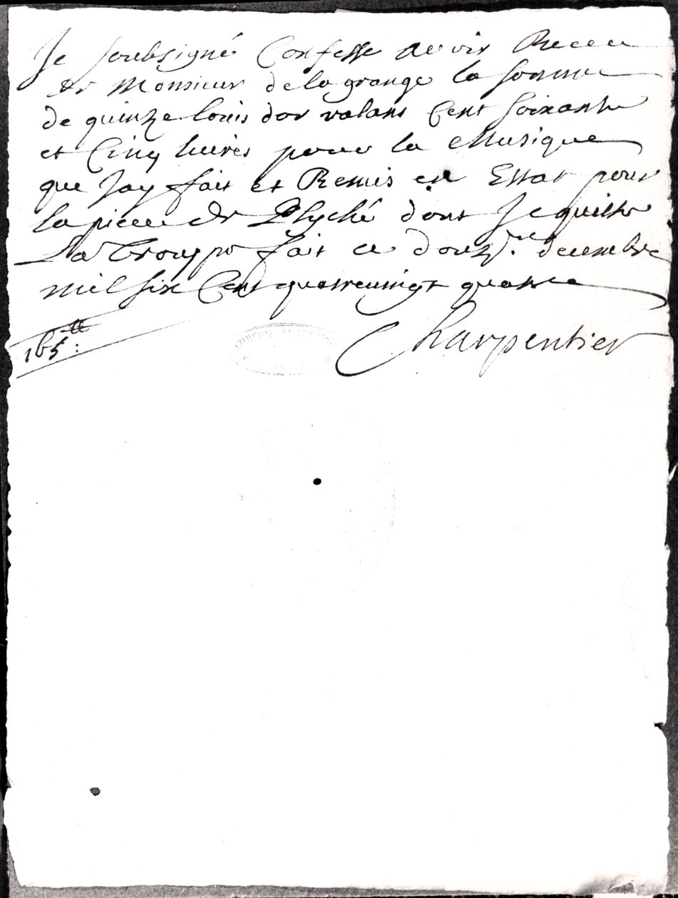 Kirje koskien Charpentierin säveltämää musiikkia Molieren Psychelle (1622-73) 1684 (bw kuva) tekijältä Marc Antoine Charpentier