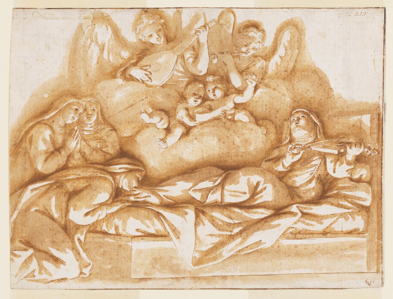 Suunnittelu yksiväriseen seinämaalaukseen, Corpus Dominin kirkko, Bologna, Italia, St. Caterina Vigrin kuolema tekijältä Marc Antonio Franceschini