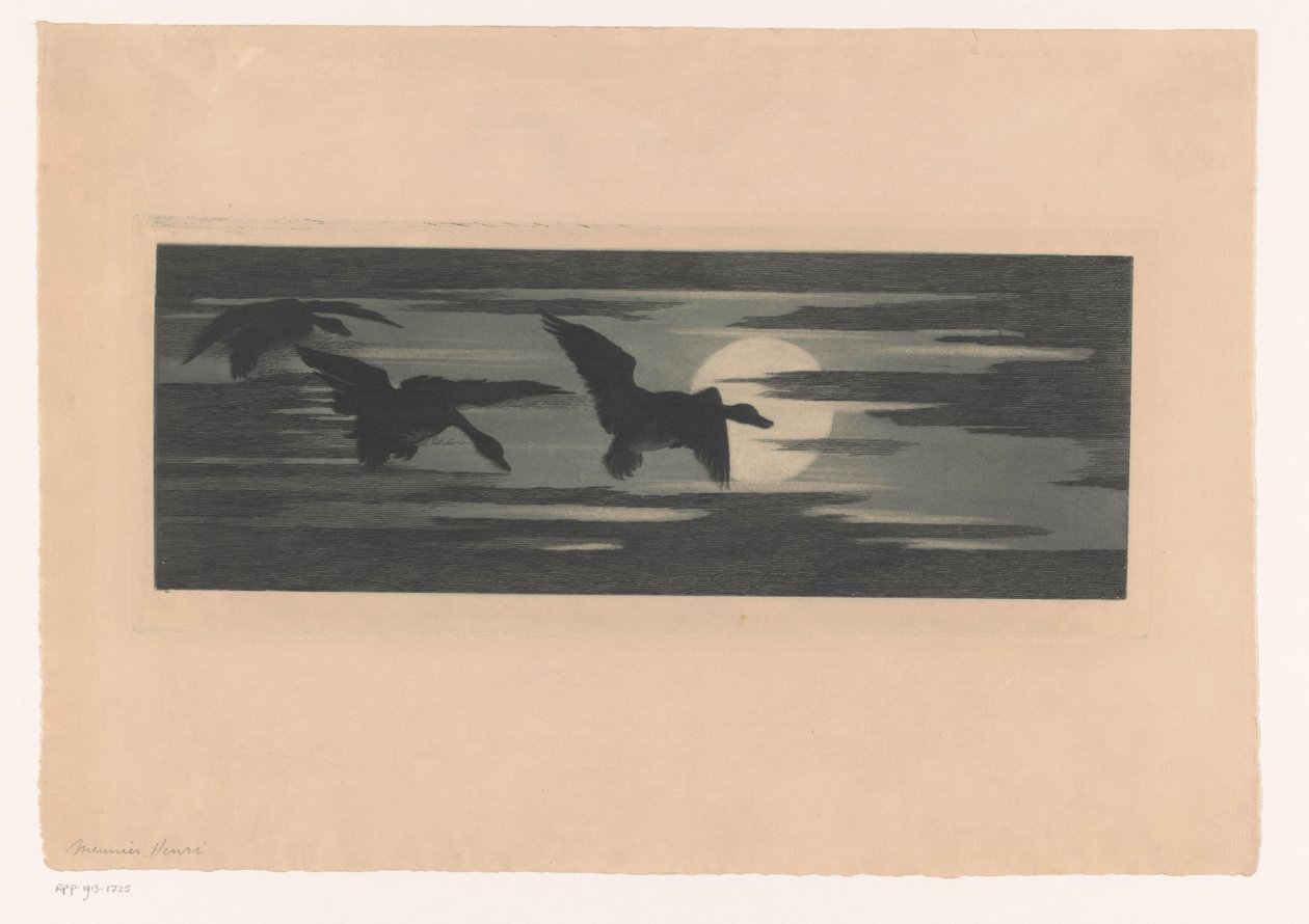 Kolme ankkaa vaeltamassa laskevan auringon ohi tekijältä Marc Henry Meunier (attributed to)