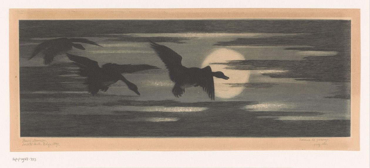 Kolme ankkaa kävelemässä laskevan auringon ohi tekijältä Marc Henry Meunier (attributed to)