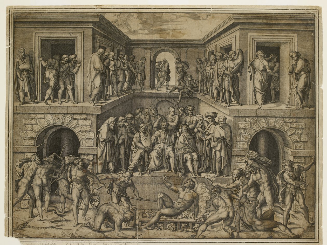 Pyhän Laurentiuksen marttyyrikuolema, n. 1525 tekijältä Marcantonio Raimondi