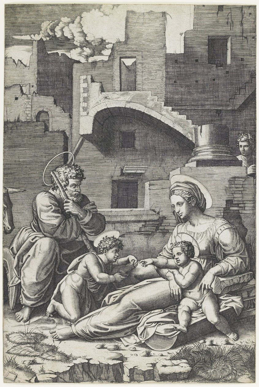 Neitsyt pitkällä reidellä, n. 1520-1525 tekijältä Marcantonio Raimondi