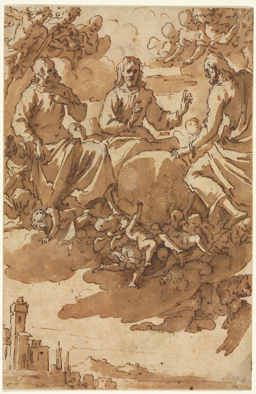 Kristus kirkkaudessa kahden pyhän kanssa, ensimmäinen kolmas 1600-luku. tekijältä Marcantonio Bassetti