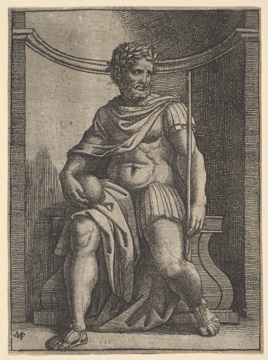 Rooman keisari istuu kapealla maapalloa ja valtikkaansa pitelevänä..., n. 1500-1534. tekijältä Marcantonio Raimondi