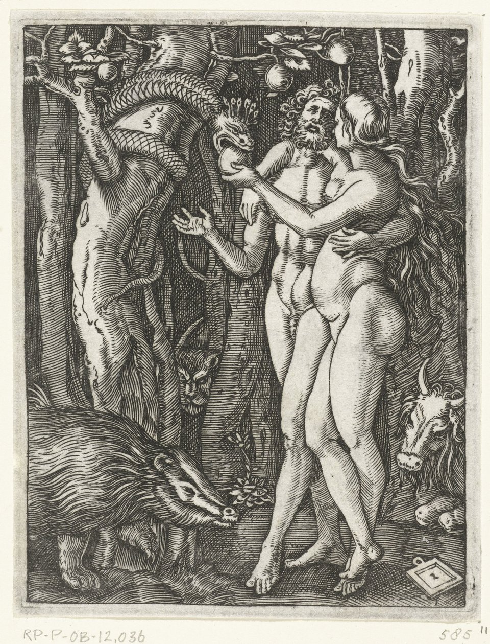 Aadam ja Eeva syntiinlankeemuksessa paratiisissa Passion of Christ (sarjan nimi) tekijältä Marcantonio Raimondi