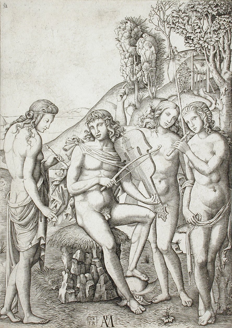 Apollo opettaa muusatarten musiikkia tekijältä Marcantonio Raimondi