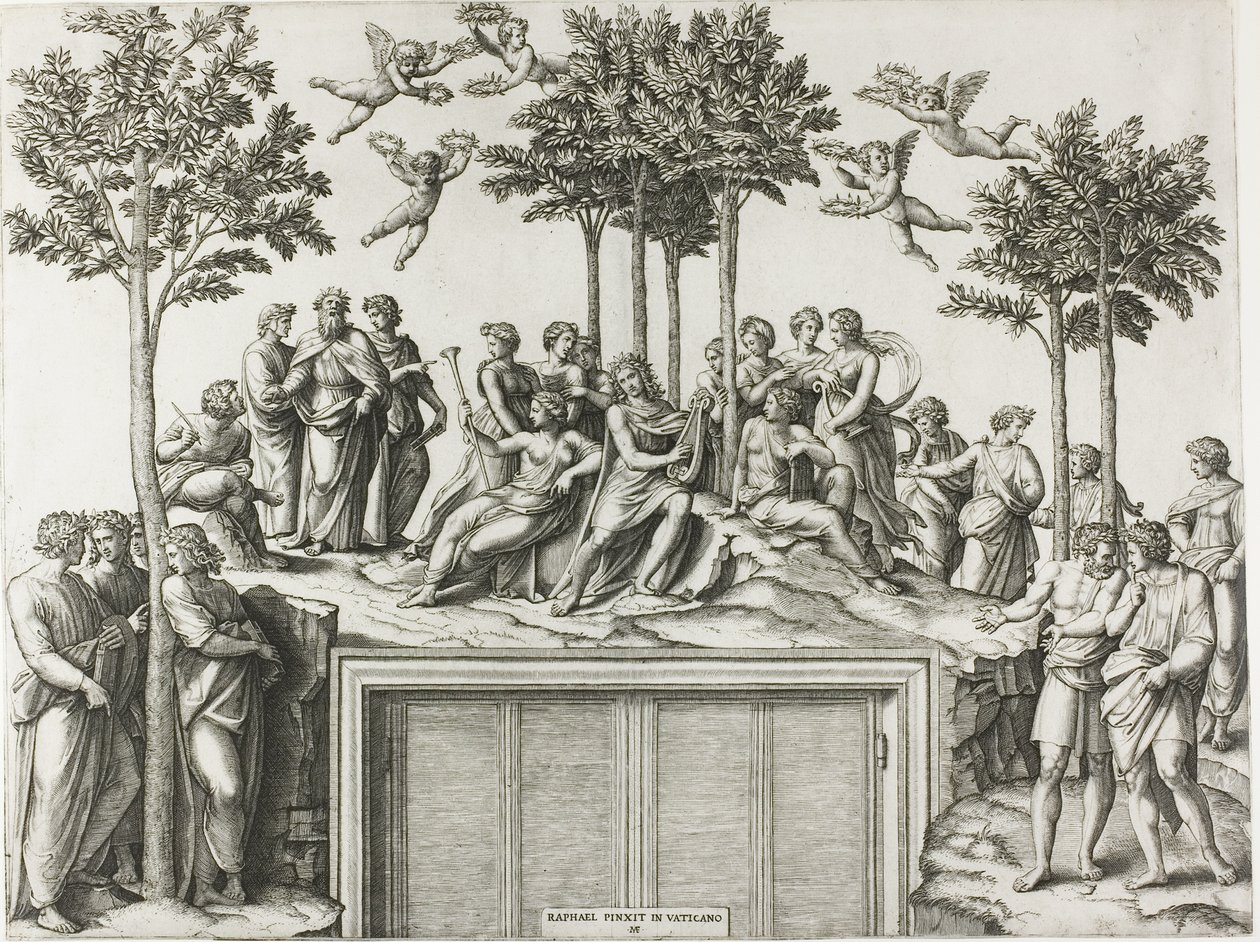 Apollo Parnassuksella, Musien ja runoilijoiden ympäröimänä tekijältä Marcantonio Raimondi