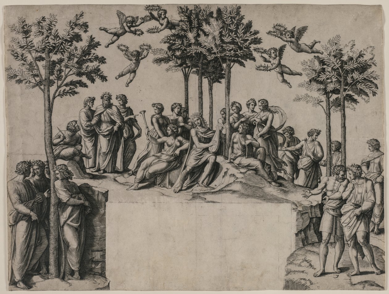 Apollo Parnassuksella, n. 1517-1520. tekijältä Marcantonio Raimondi