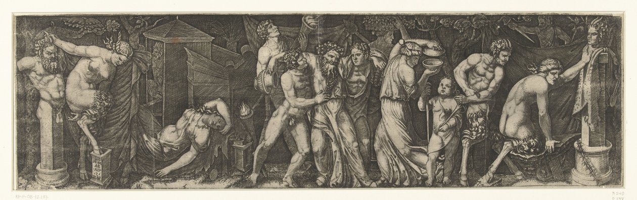 Bacchanal humalaisen Bacchuksen ja Satyrien ja Maenadien kanssa tekijältä Marcantonio Raimondi