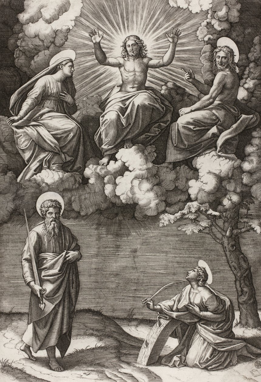 Kristus, Neitsyt ja Pyhä Johannes Kastaja pyhien Paavalin ja Katariinan kanssa, 1520-25 tekijältä Marcantonio Raimondi