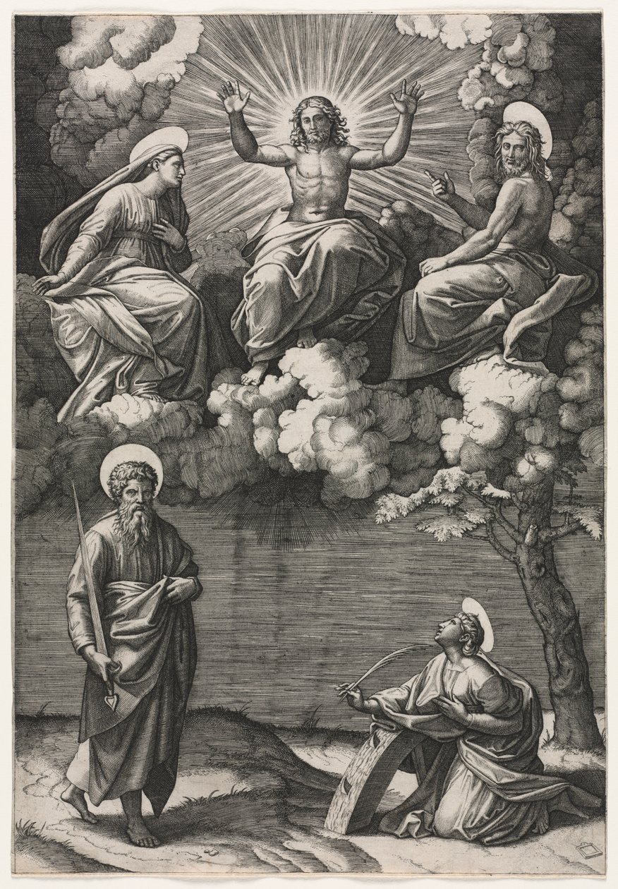 Kristus, Neitsyt ja Pyhä Johannes Kastaja pyhien Paavalin ja Katariinan kanssa, n. 1520-1525. tekijältä Marcantonio Raimondi