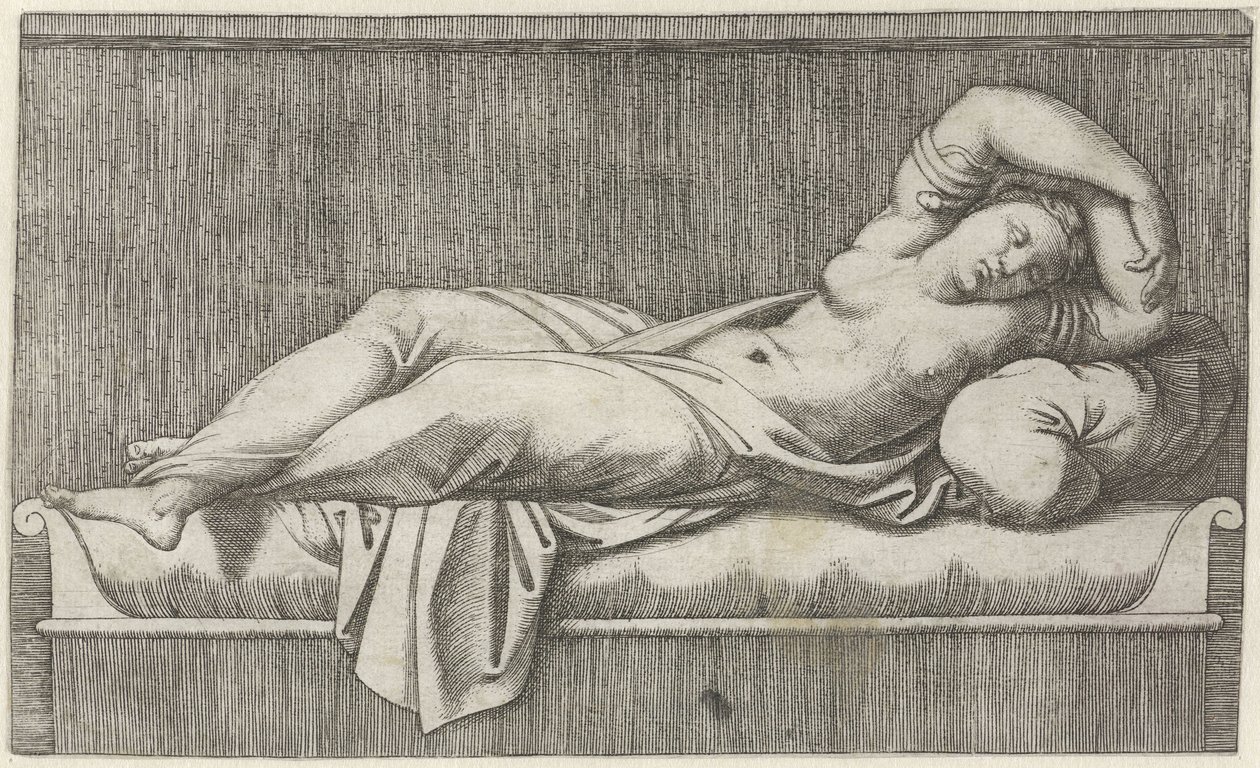 Cleopatra puolialaston makaa sängyllä tekijältä Marcantonio Raimondi