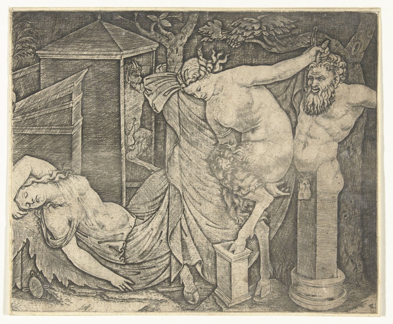 Fragmentti Bacchanalista, jossa on Satyr Woman ja Herme ja Sleeping Bacchante tekijältä Marcantonio Raimondi