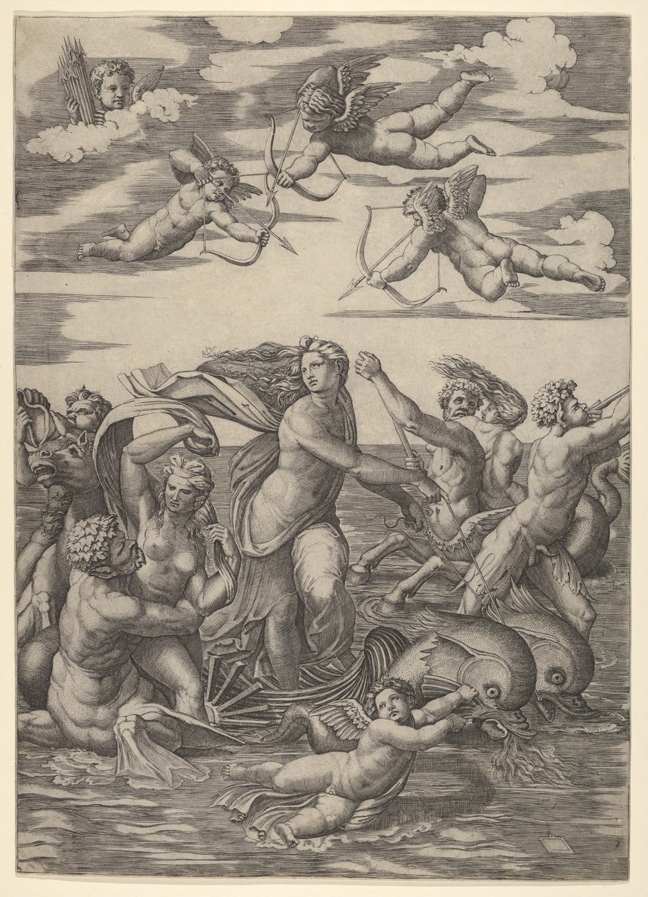 Galatea seisoo kahden delfiinin vetämissä vesivaunuissa, tritonien ympäröimänä, nere..., 1515-16. tekijältä Marcantonio Raimondi