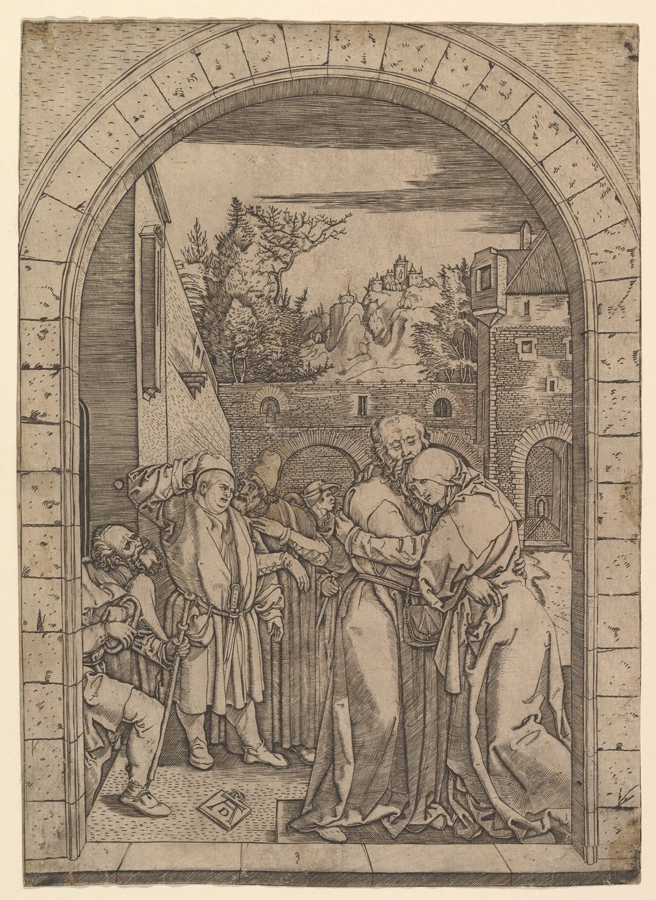 Joachim syleilee Pyhää Annaa kultaisen portin alla Jerusalemissa Dürerin jälkeen, n. 1500-1534. tekijältä Marcantonio Raimondi