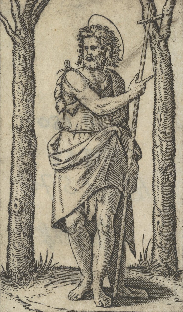 Johannes Kastaja pitelee sauvaa, sarjasta "Piccoli Santi" Small Saints,..., ca. 1500-1527. tekijältä Marcantonio Raimondi