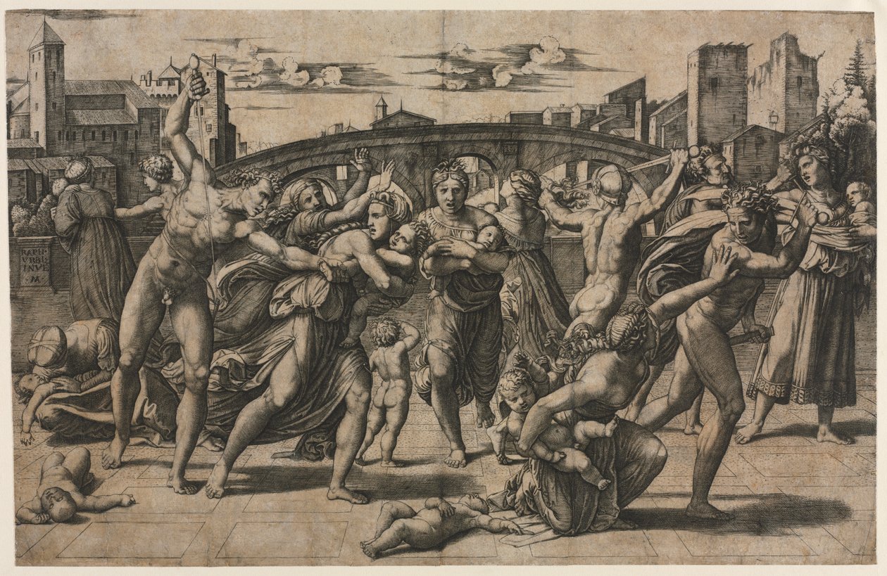 Viattomien verilöyly kuusen avulla, n. 1511-1512. tekijältä Marcantonio Raimondi