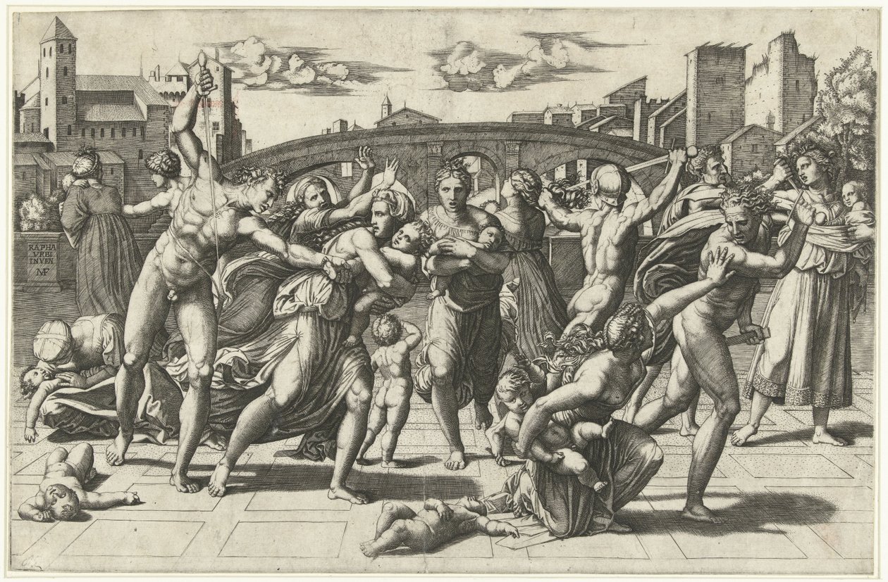 Viattisten joukkomurha, n. 1515 tekijältä Marcantonio Raimondi