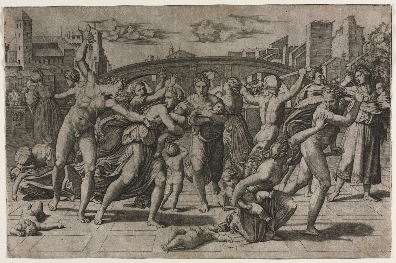 Viattomien verilöyly ilman kuusipuuta, n. 1513-15. tekijältä Marcantonio Raimondi
