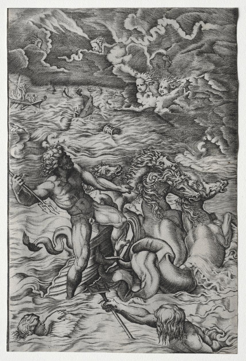 Neptunus rauhoittaa myrskyn, jonka Aeolus nosti Aeneasin laivastoa vastaan tekijältä Marcantonio Raimondi