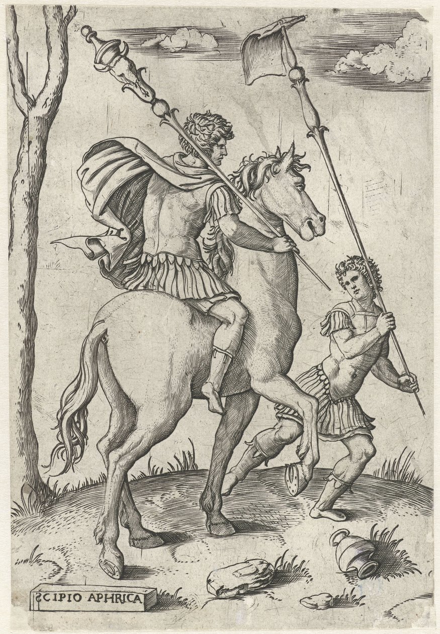Roomalaiset kenraalit Scipio Africanus Maior hevosen selässä ja Scipio Africanus Minor Roomalaiset sankarit hevosen selässä (sarjan nimi) tekijältä Marcantonio Raimondi