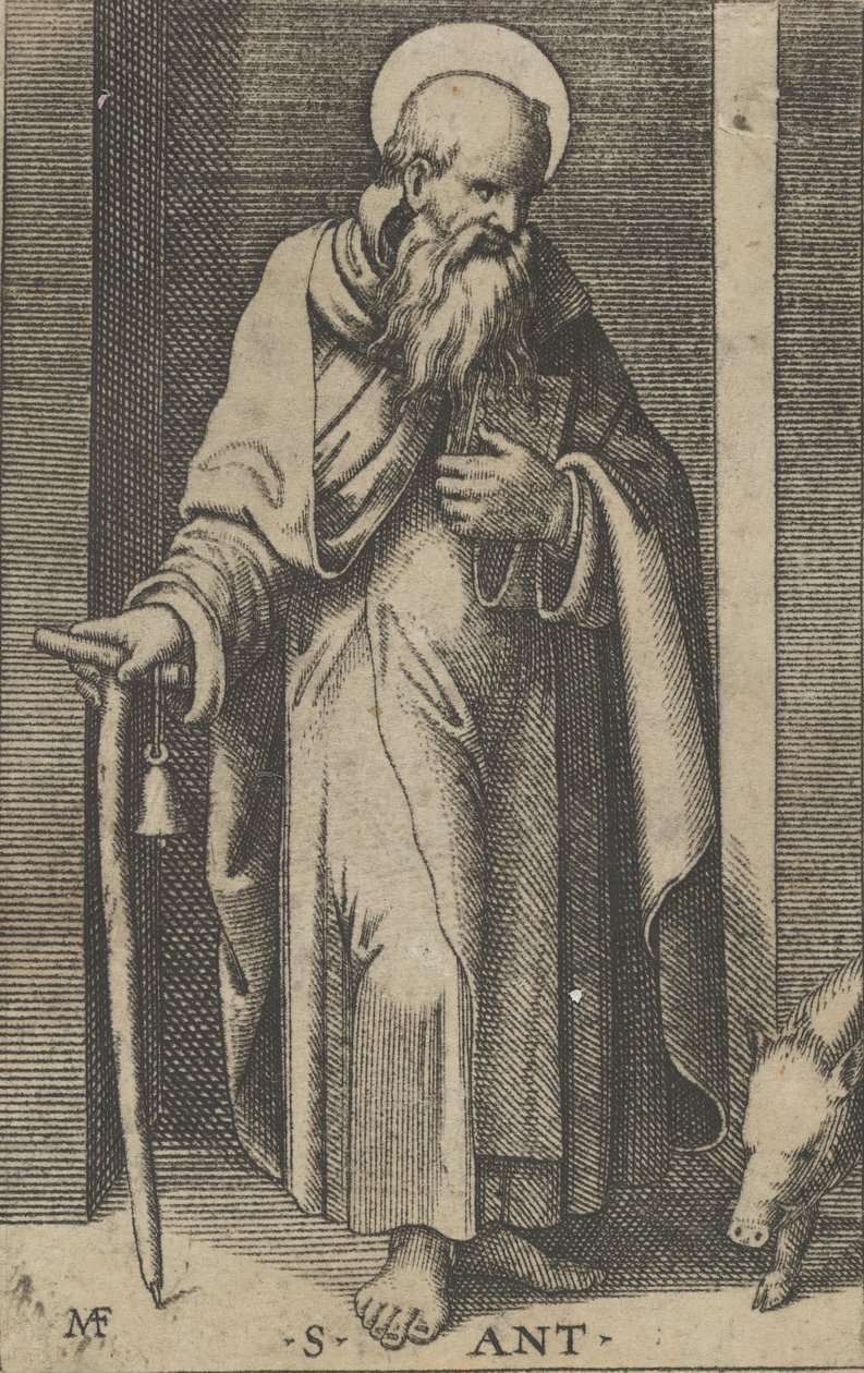 Saint Anthony, sauva oikeassa kädessään, sarjasta "Piccoli Santi" Small ..., ca. 1500-1527. tekijältä Marcantonio Raimondi