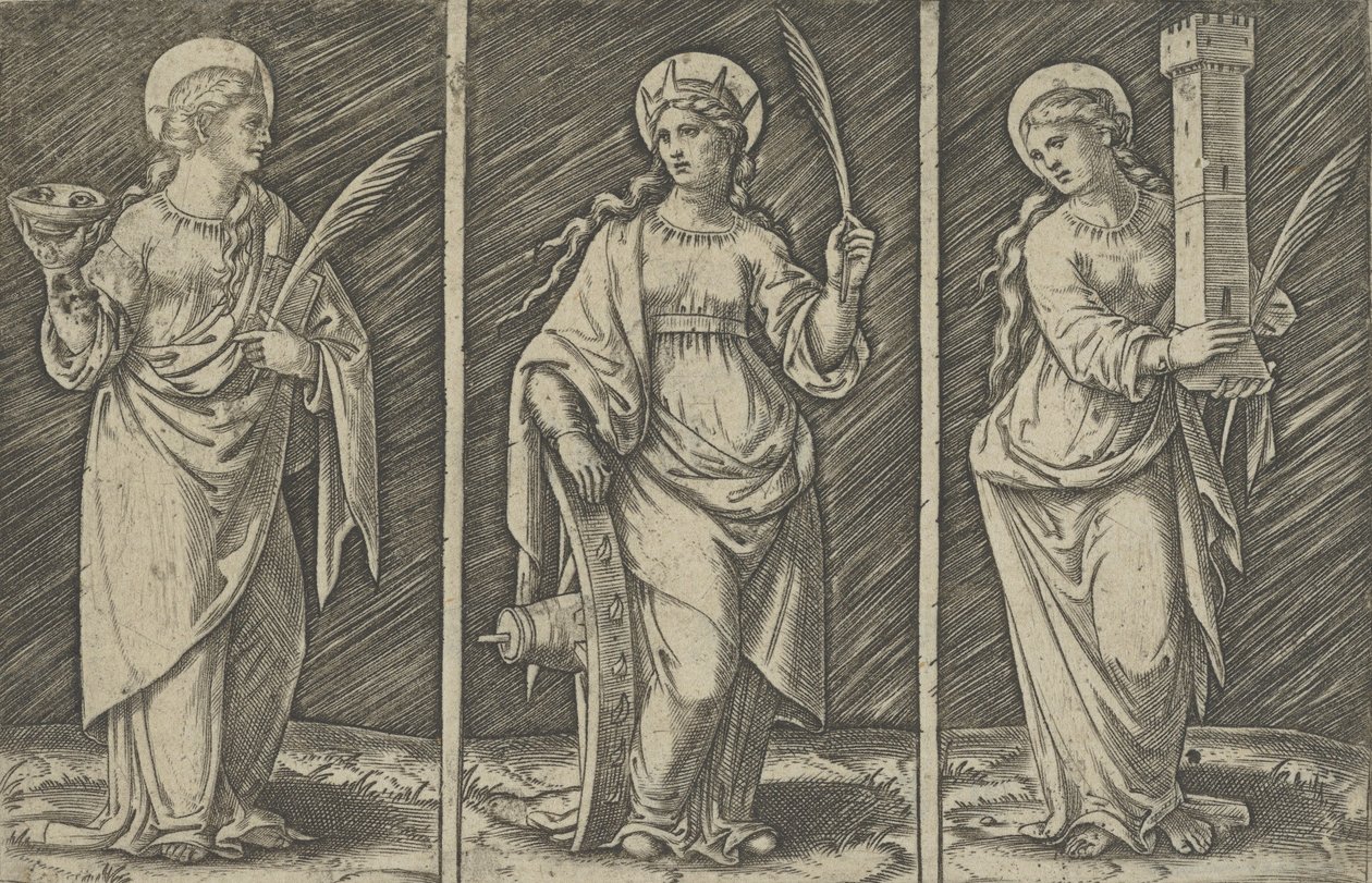 Saint Barbara vasemmalla, Pyhä Katariina, keskellä, Saint Lucy oikea, n. 1500-1527, n. 1500-1527. tekijältä Marcantonio Raimondi