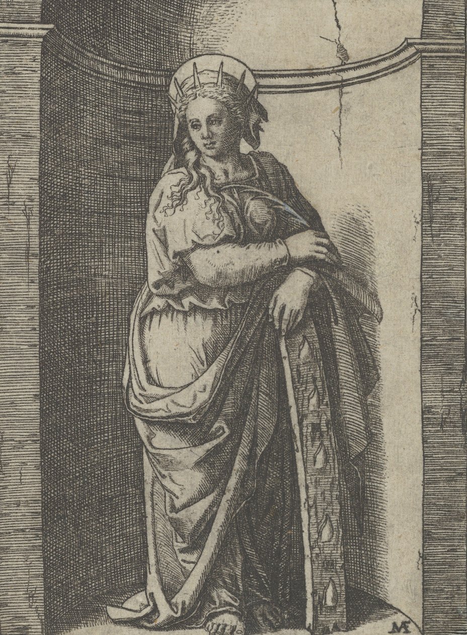 Pyhä Katariina seisoo kapealla, lepää pyörällä, hänen kidutusvälineensä..., n. 1500-1527. tekijältä Marcantonio Raimondi