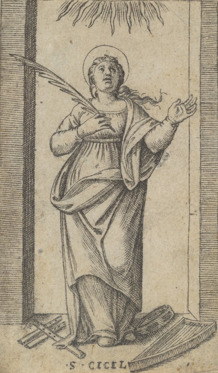 Pyhä Cecilia seisoo kädessä marttyyrikuoleman kämmenellä, merestä..., n. 1500-1527. tekijältä Marcantonio Raimondi