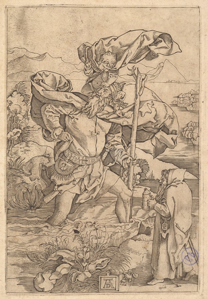 Pyhä Christopher ylittää joen Kristuksen kanssa putton muodossa hänen sh..., n. 1500-1534. tekijältä Marcantonio Raimondi