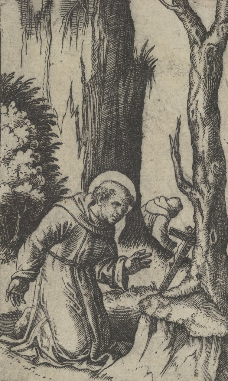 Pyhä Franciscus Assisilainen rukoilee krusifiksin edessä, sarjasta Piccoli Santi..., ca. 1500-1527. tekijältä Marcantonio Raimondi