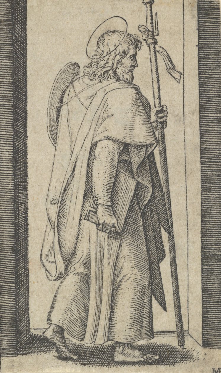 Saint James Major, kirja on hänen oikea kätensä, sauva vasemmassa oikealle, t..., n. 1500-1527. tekijältä Marcantonio Raimondi