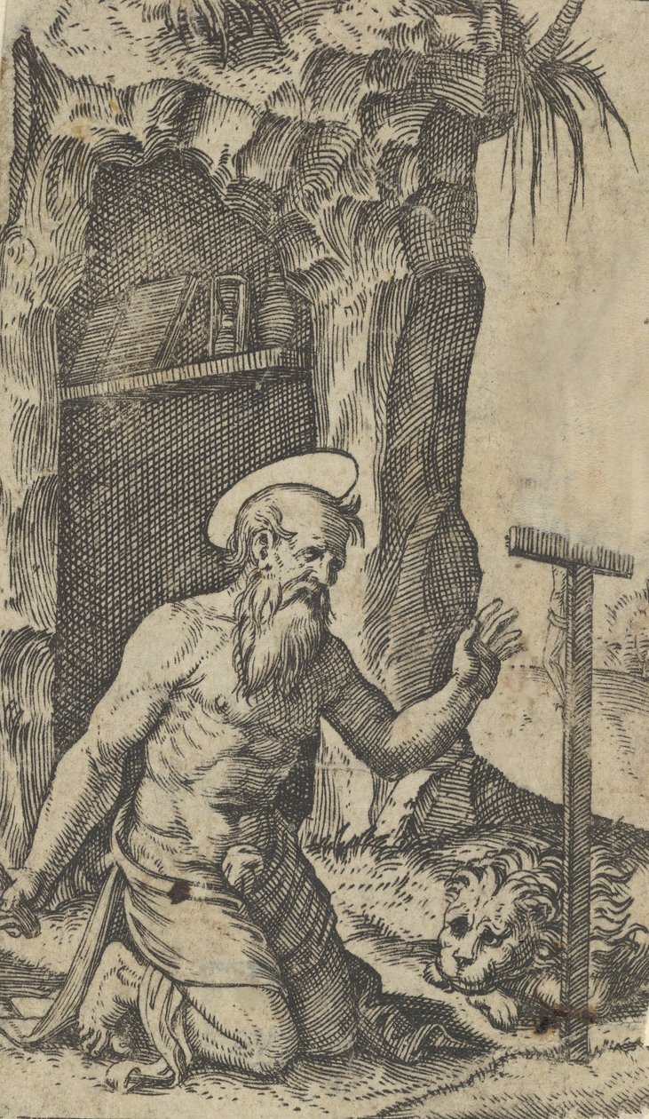 Pyhä Jerome polvistumassa krusifiksin edessä, sarjasta "Piccoli Santi" Small S..., n. 1500-1527. tekijältä Marcantonio Raimondi