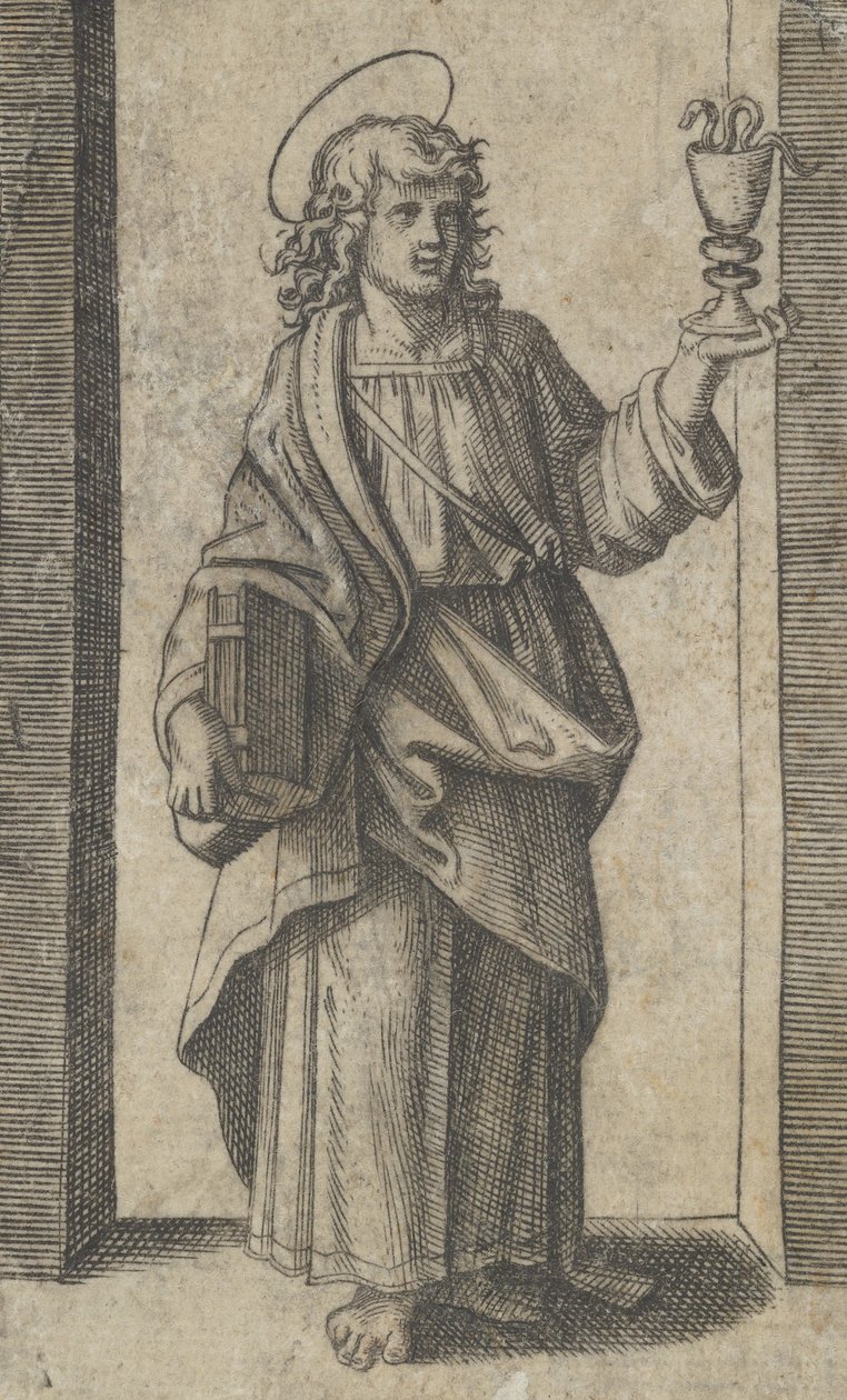 Saint John, kirja oikeanpuoleisessa maljassa vasemmalla, sarjasta "Piccoli Santi" ..., ca. 1500-1527. tekijältä Marcantonio Raimondi