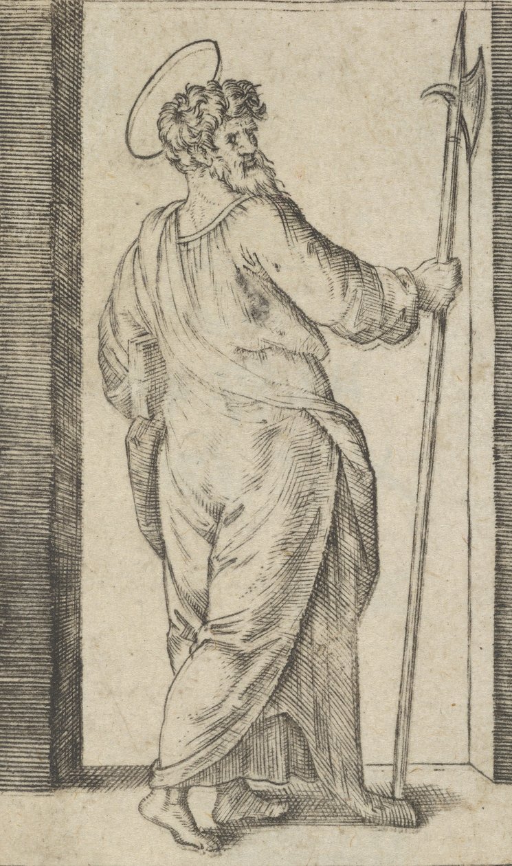 Saint Jude, pitelee halbardia oikeassa kädessään, sarjasta "Piccoli Santi" ..., n. 1500-1527. tekijältä Marcantonio Raimondi