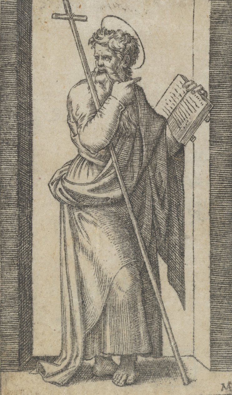 Pyhä Filippus, kirja vasemmassa kädessään, sauva vasemmalla kädellä, seri..., n. 1500-1527. tekijältä Marcantonio Raimondi