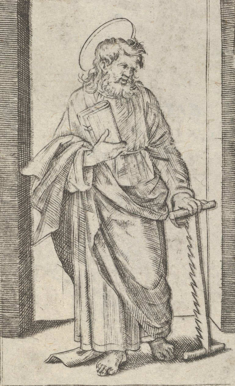Saint Simon, saha alas lasketussa vasemmassa kädessään, sarjasta "Piccoli Santi" Sma..., n. 1500-1527. tekijältä Marcantonio Raimondi