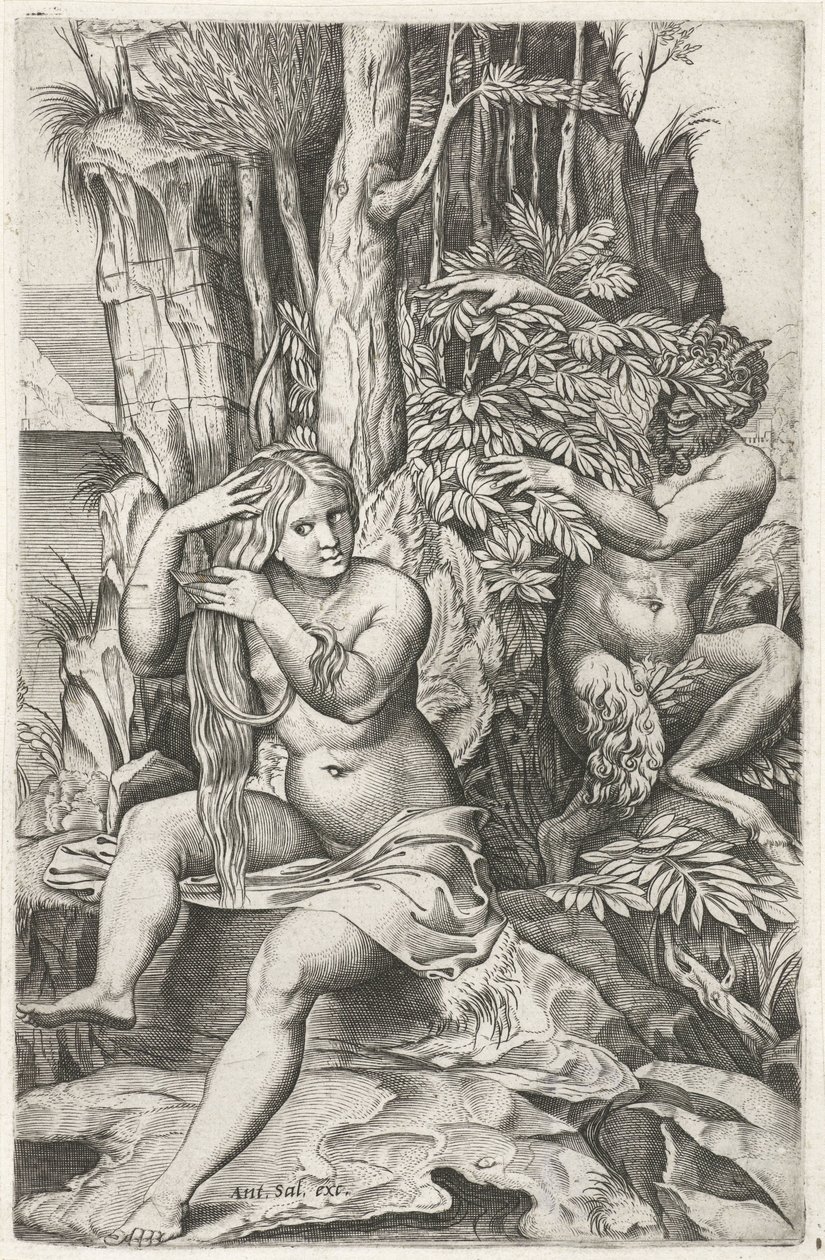 Satyr vakoilee nymfiä wc-tilassaan Pan ja Syrinx tekijältä Marcantonio Raimondi