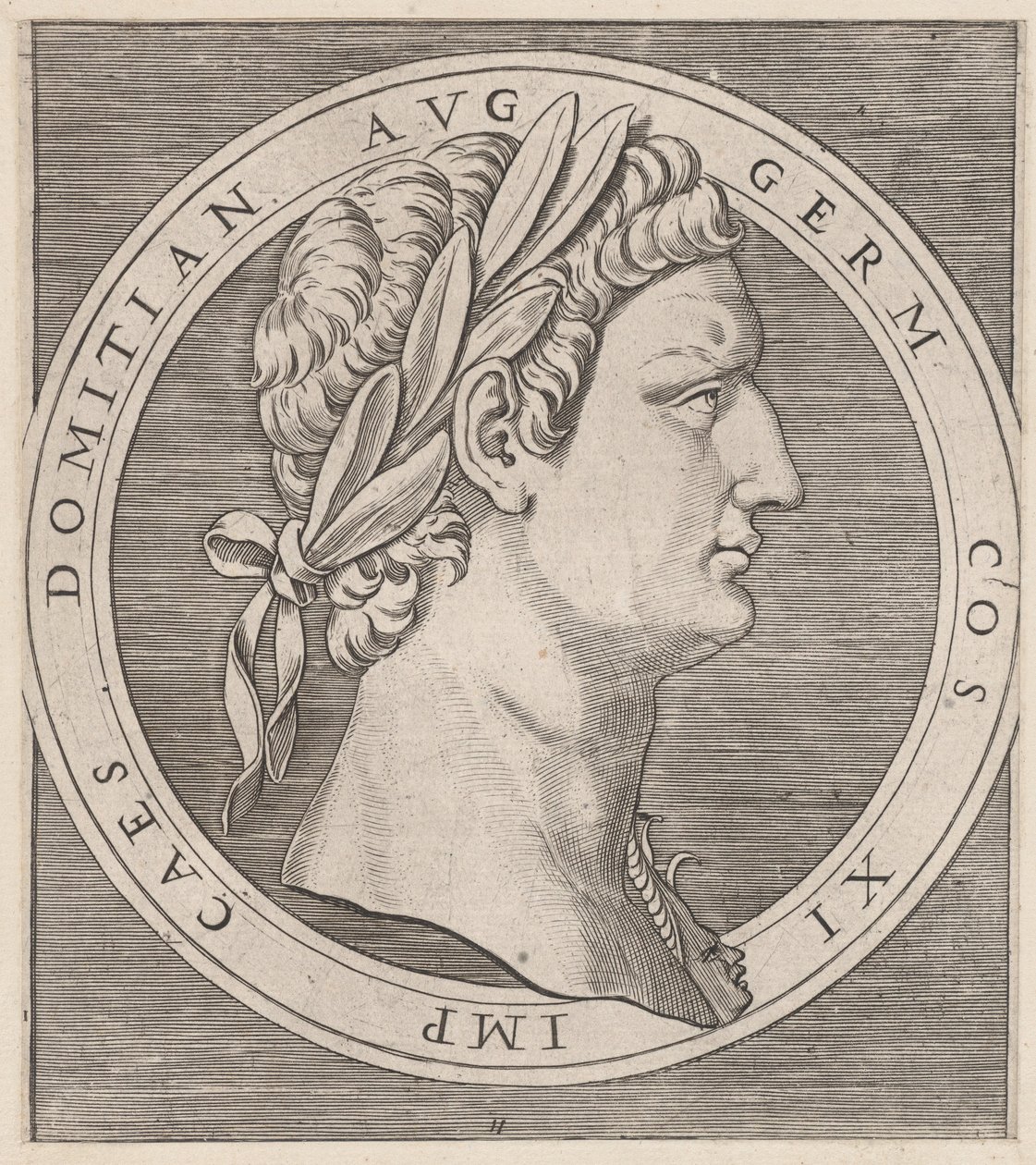 Rooman loiston peili: Domitianus, teoksesta Kaksitoista keisaria, n. 1500-1534, n. 1500-1534. tekijältä Marcantonio Raimondi