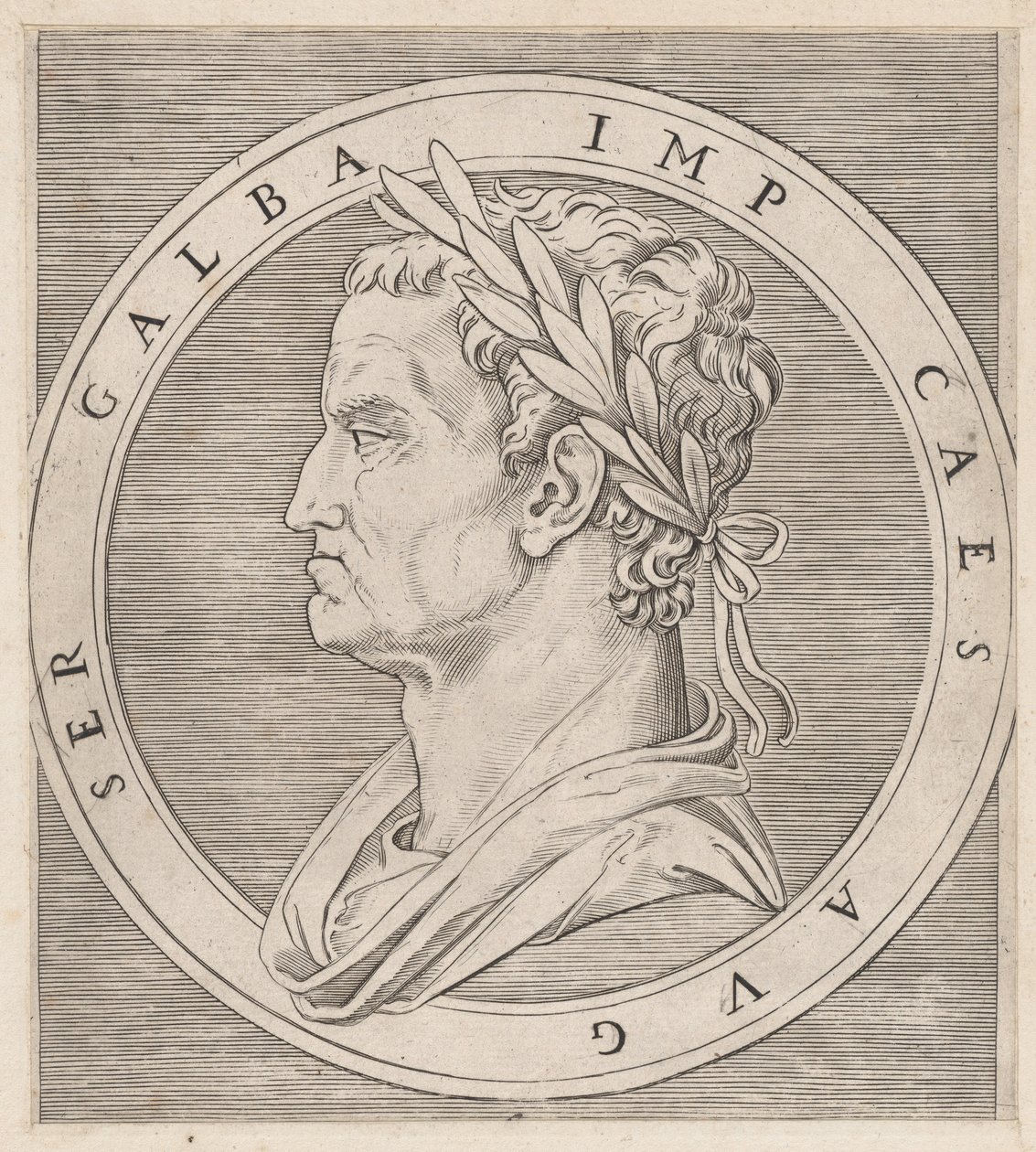 Roomalaisen loiston peili: Galba, The Twelve Caesars, n. 1500-1534, n. 1500-1534. tekijältä Marcantonio Raimondi