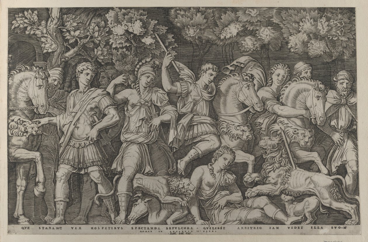 Rooman loiston peili: Leijonanmetsästys, n. 1500-1534, n. 1500-1534. tekijältä Marcantonio Raimondi