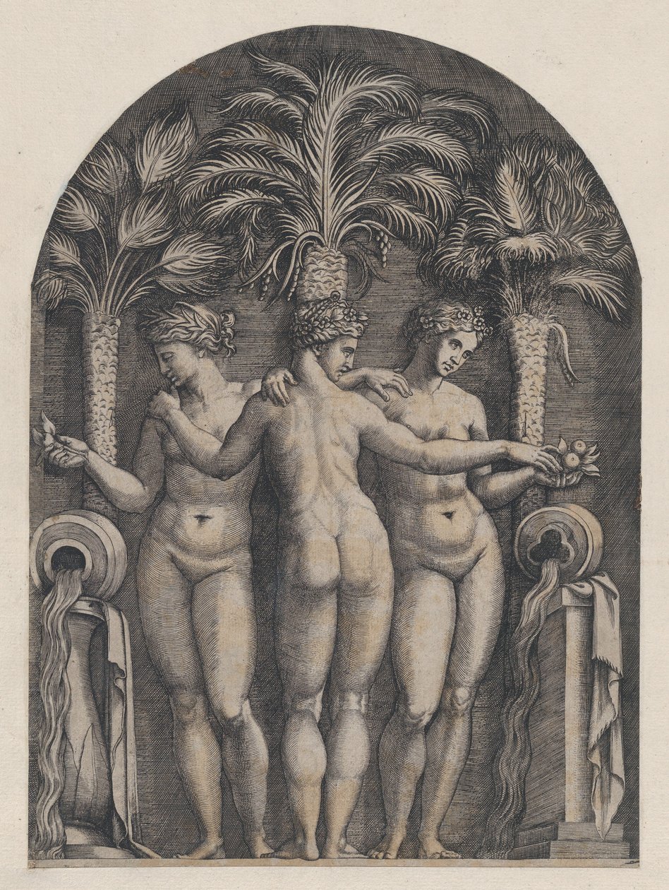 Rooman loiston peili: Kolme armoa, n. 1500-1534, n. 1500-1534. tekijältä Marcantonio Raimondi