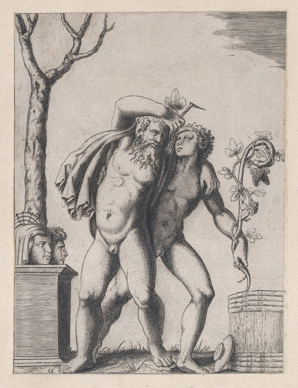 Roomalaisen loiston peili: Nuori ja vanha Bacchant, n. 1514-36, n. 1514-36. tekijältä Marcantonio Raimondi