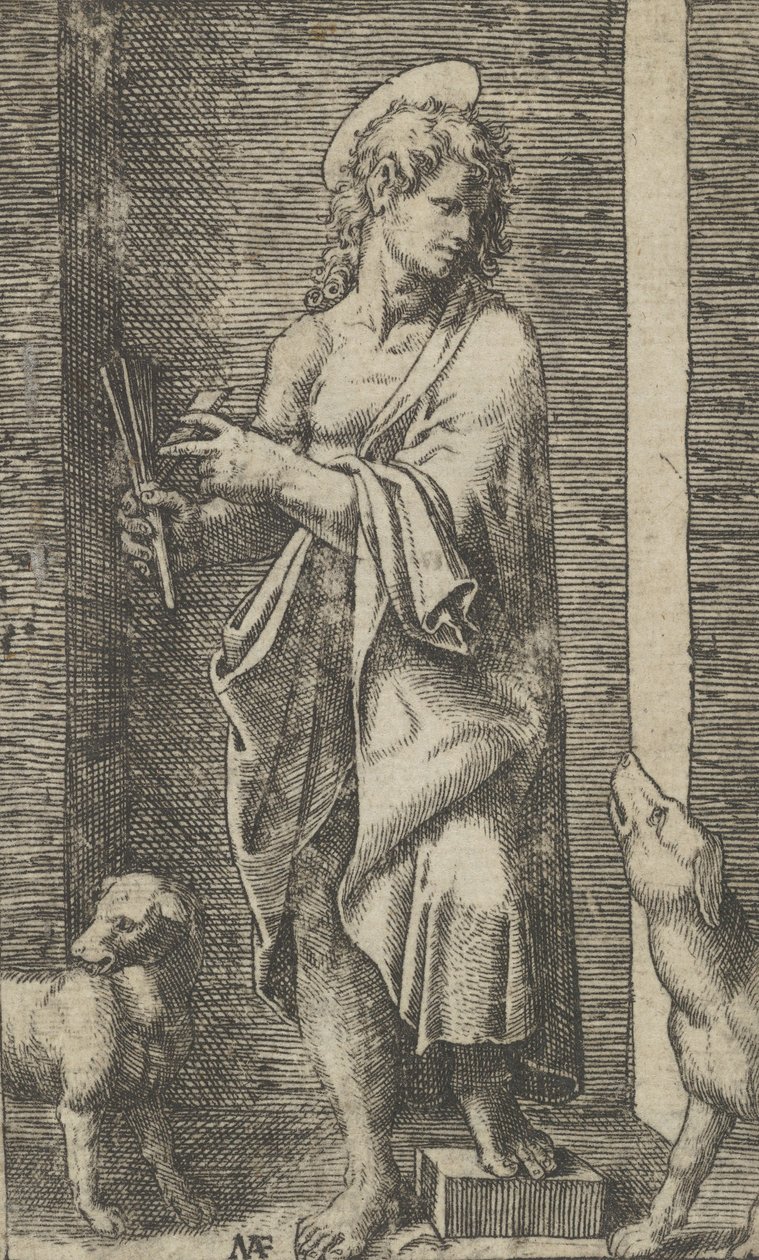 St Lazarus kahden koiran rinnalla sarjasta "Piccoli Santi" Small Saints, c..., ca. 1500-1527. tekijältä Marcantonio Raimondi