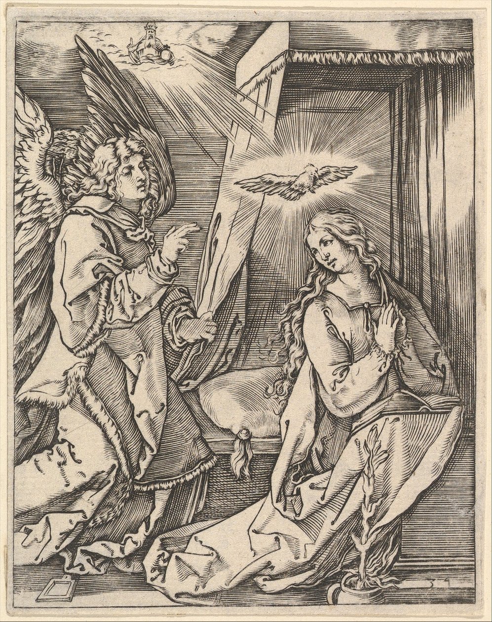 Marian ilmestys, vasemmalla arkkienkeli Gabriel lähestyy rukoilevaa Neitsyt..., n. 1500-1534. tekijältä Marcantonio Raimondi