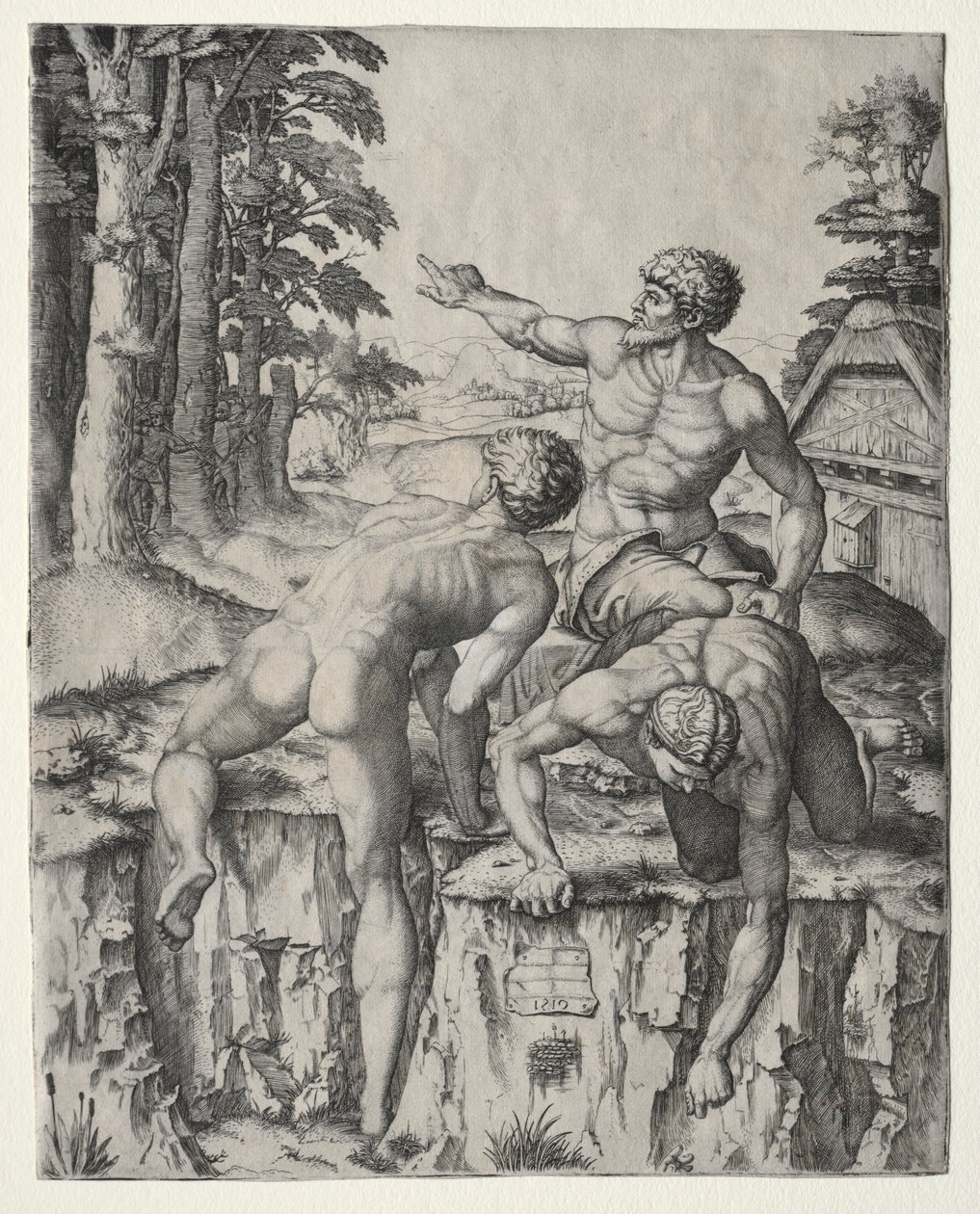 Kiipeilijöiden kolme hahmoa Michelangeloksen Cascinan taistelusta, 1510. tekijältä Marcantonio Raimondi