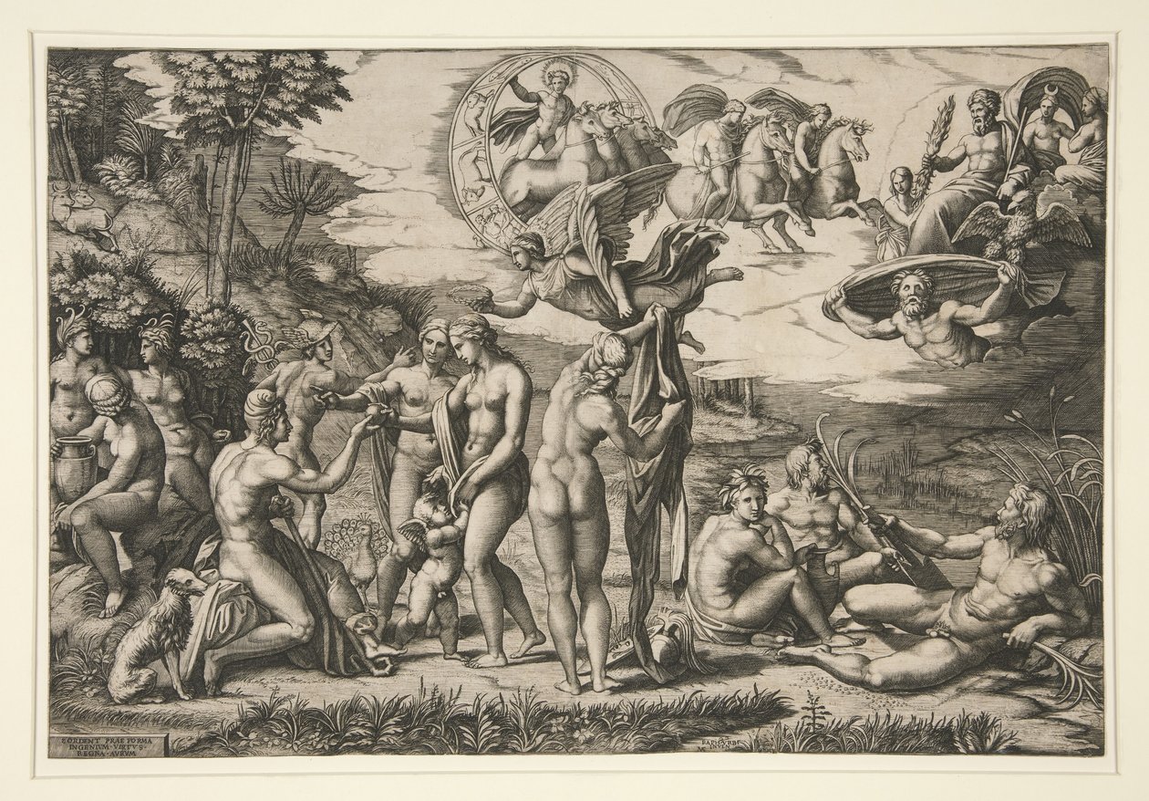 Pariisin tuomio, Rafaelin mukaan, noin 1510-20. tekijältä Marcantonio Raimondi