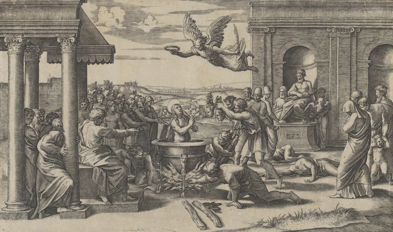 Pyhän Cecilian marttyyrikuolema, joka seisoo alasti suuressa kattilassa, vasemmalla alla..., n. 1520-25. tekijältä Marcantonio Raimondi